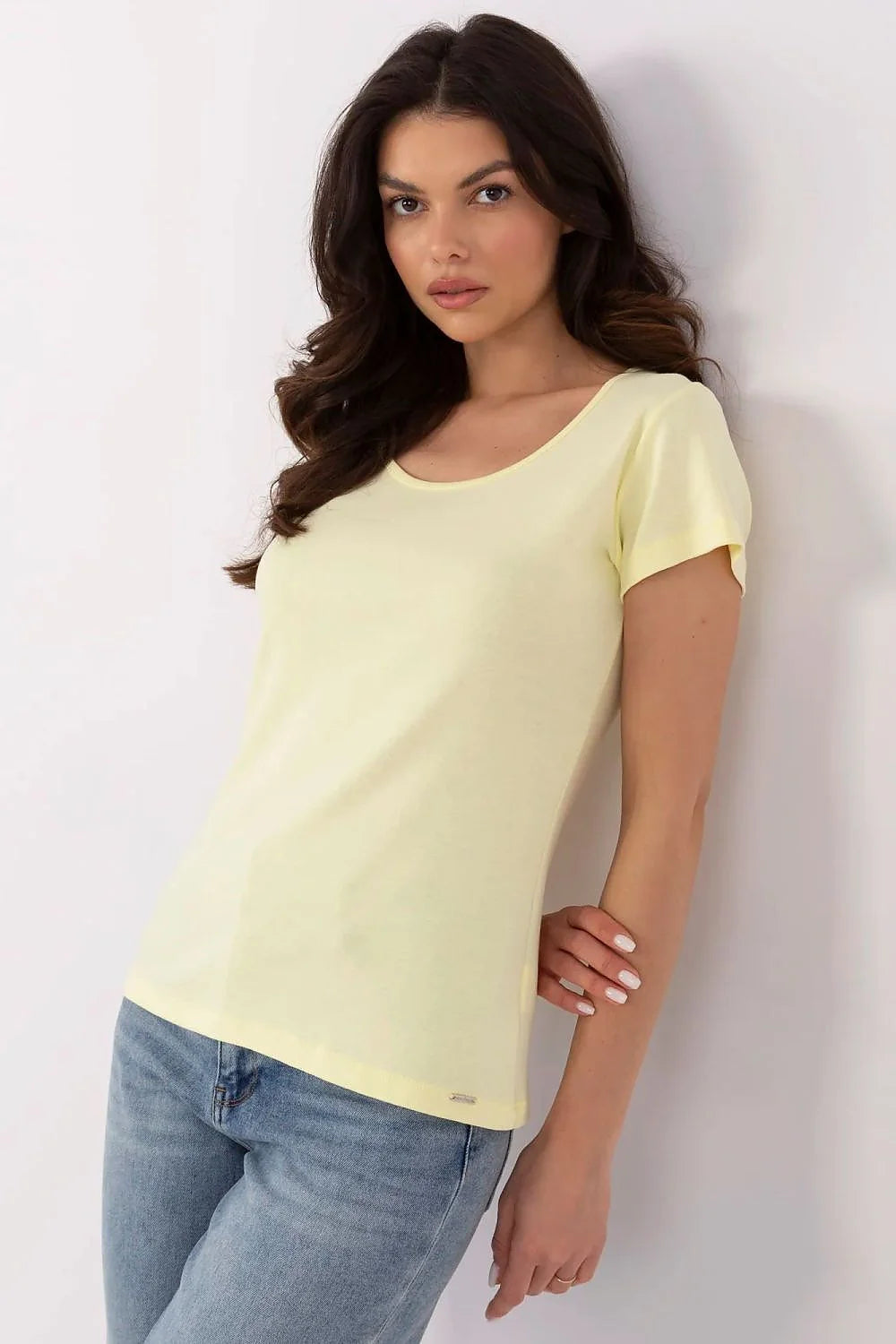 T-shirt femme style décontracté élégant manches courtes col rond couleur jaune pastel coton 90% elastane 10% polyvalent occasion quotidienne