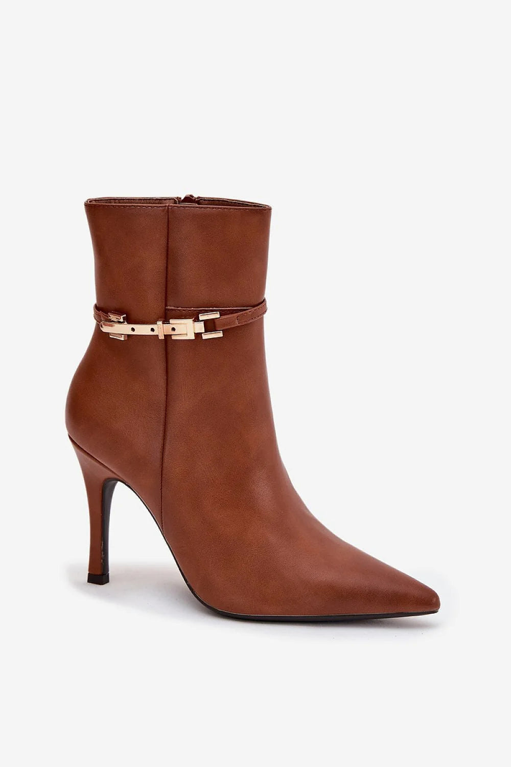 bottines femme similicuir cognac talon aiguille 10cm bout pointu cheville fermeture eclair doublure fourrure intérieure sangle boucle dorée élégantes