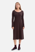 robe midi côtelée marron chocolat col rond manches longues évasées ourlets festonnés silhouette ajustée jupe fluide extensible coton élasthanne Pologne