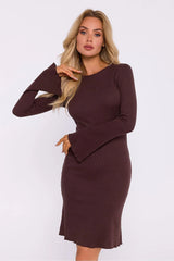 Robe de jour élégante en maille coton côtelée manches longues ajustée couleur brun chocolat occasion polyvalente