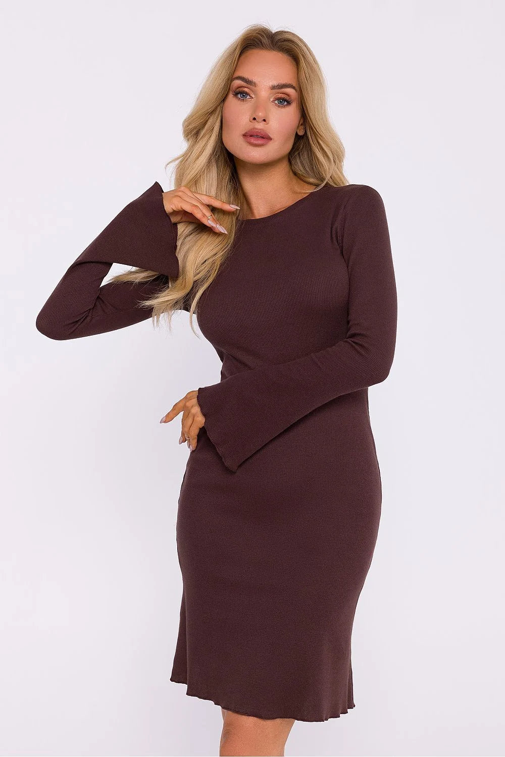 Robe de jour élégante en maille coton côtelée manches longues ajustée couleur brun chocolat occasion polyvalente