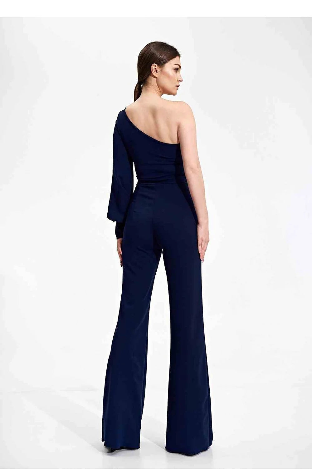 Combinaison élégante asymétrique longue épaule nue matière stretch noire femme soirée événement taille ajustable