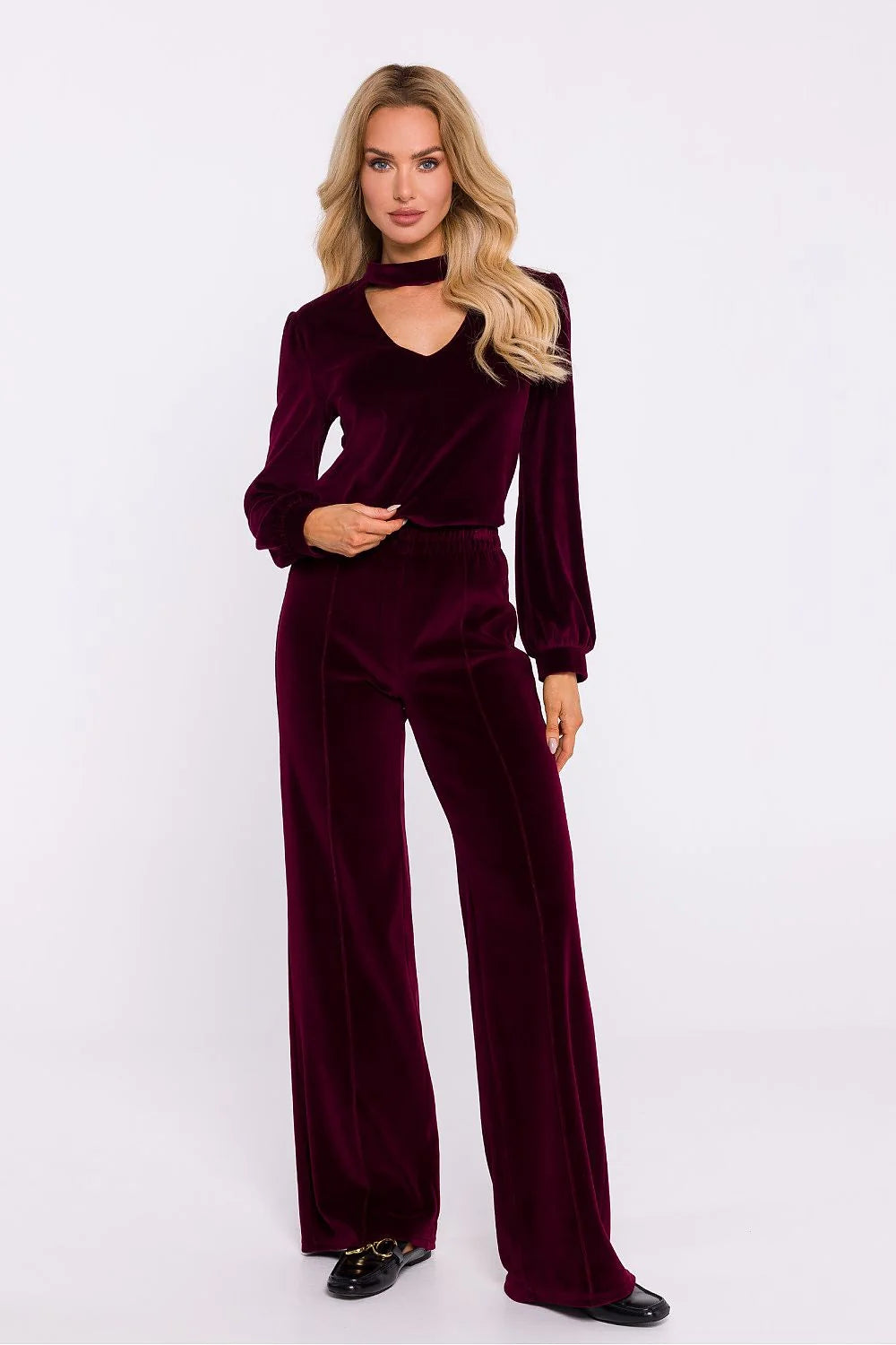 Ensemble chic et décontracté pour femme velours luxueux couleur bordeaux col choker manches longues élastiquées taille confortable