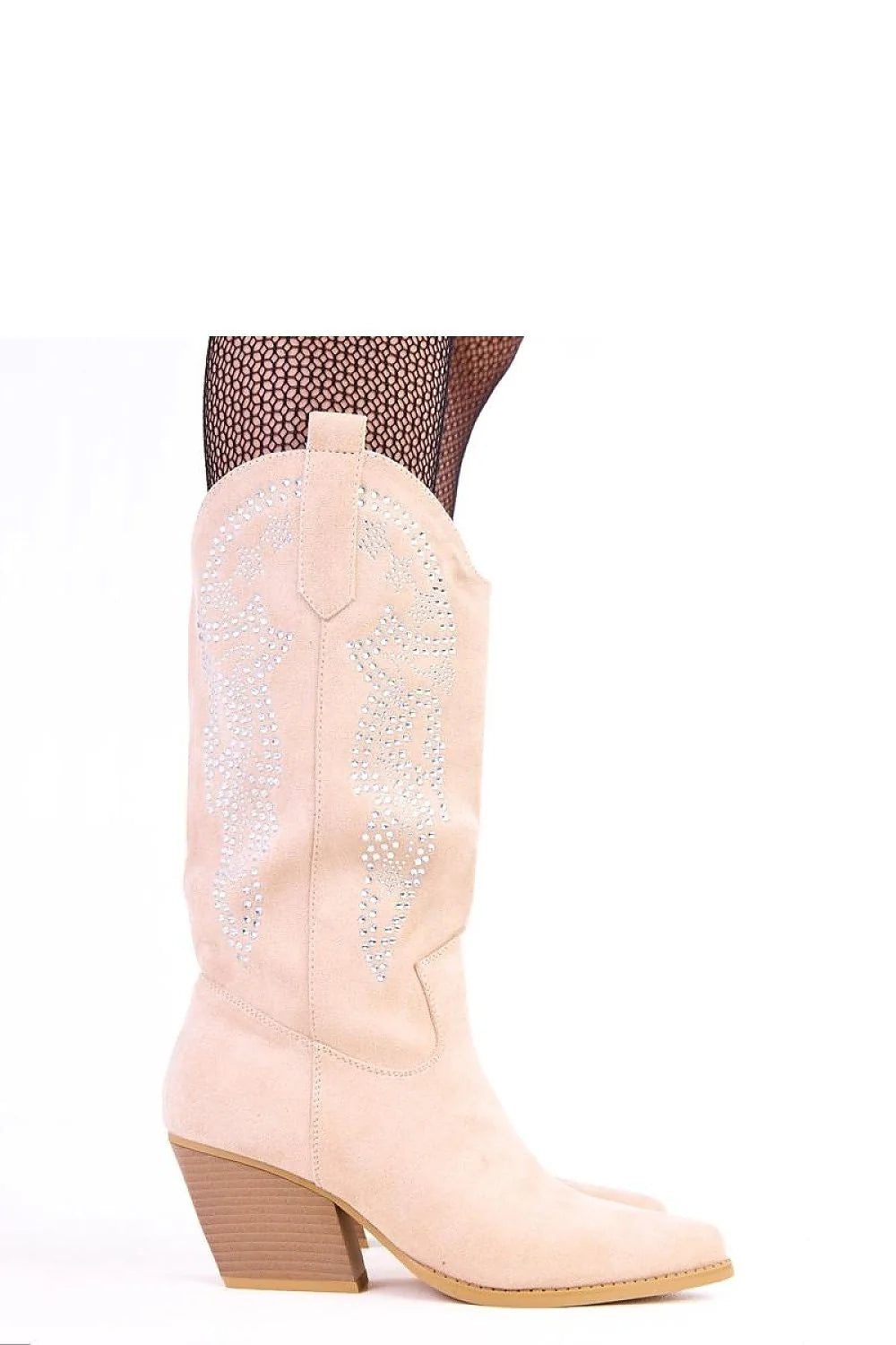bottes cowboy cuir suédé écologique beige bout pointu talon bloc mi mollet strass fermeture semelle rembourrée