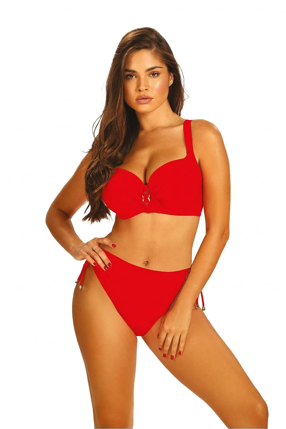 Maillot de bain deux pièces femme bandeau échancré lacet métallique couleur rouge polyester elasthanne
