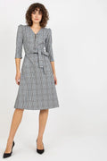 Robe de jour Lakerta en V manches 3/4 longueur midi carreaux style classique ceinture taille ajustable coton polyester elasthanne femme