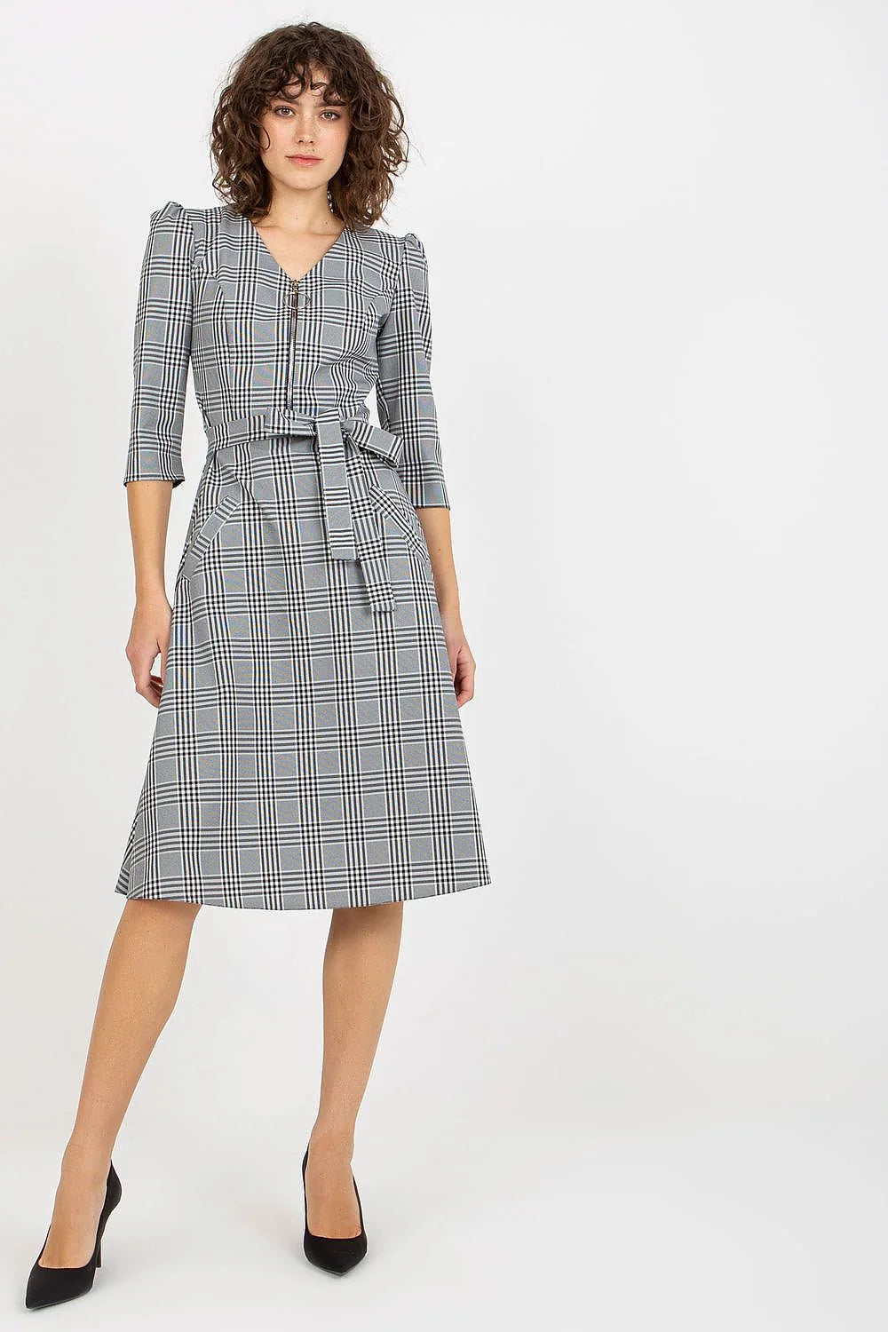 Robe de jour Lakerta en V manches 3/4 longueur midi carreaux style classique ceinture taille ajustable coton polyester elasthanne femme