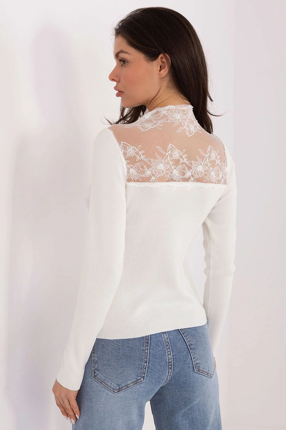 chemisier élégant ajusté féminin sensuel côtelé texturé viscose polyester extensible doux confortable manches longues col roulé dentelle