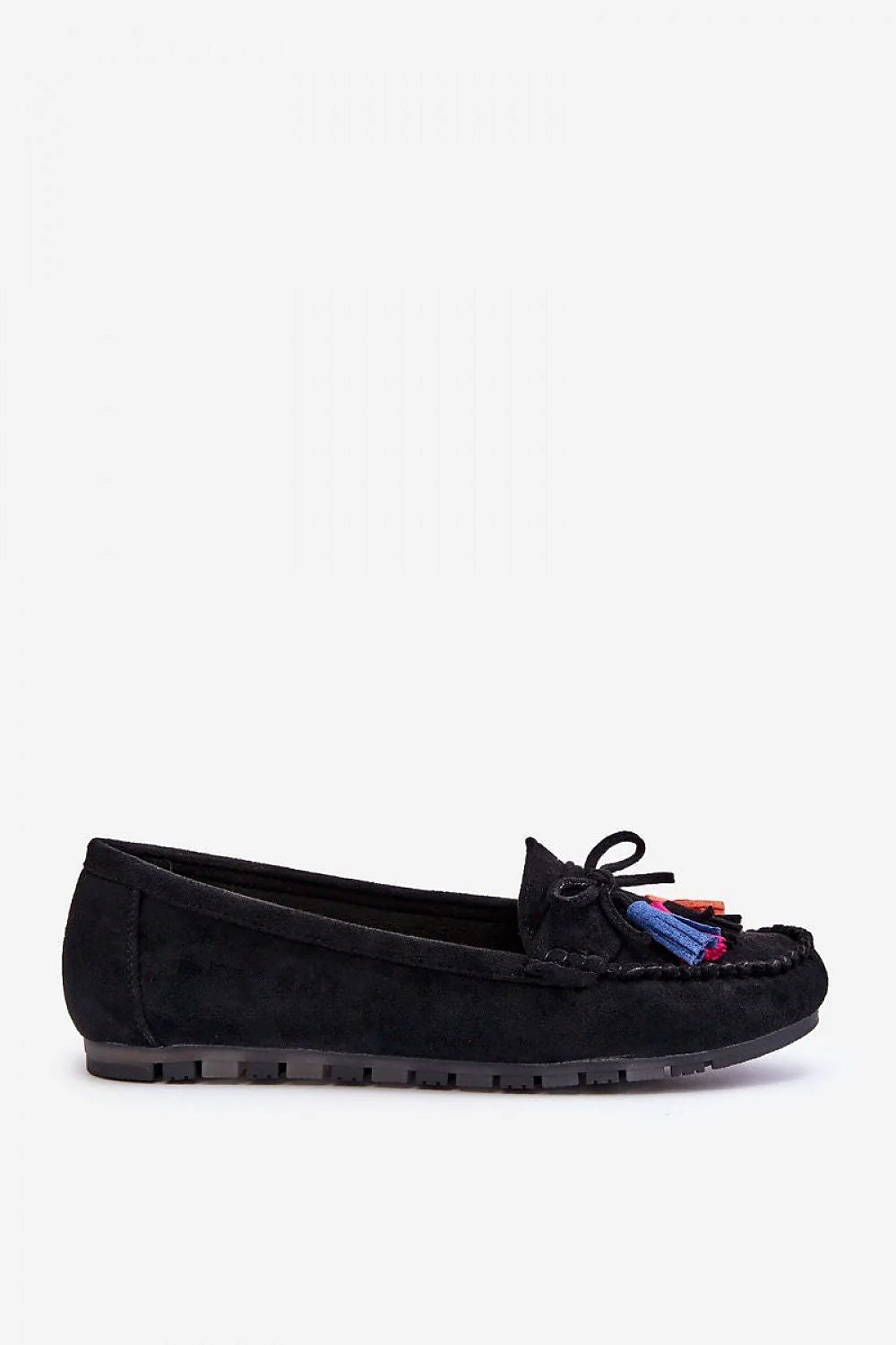 Moccasins pour femme élégants en éco-suède noir profond style casual-chic avec pompons multicolores et semelle plateforme 1 cm