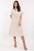 Robe de jour Italy Moda élégante coupe évasée mi-mollet col Mao manches courtes poches décoratives coton respirant taille ajustable beige crème femme versatile occasion quotidienne