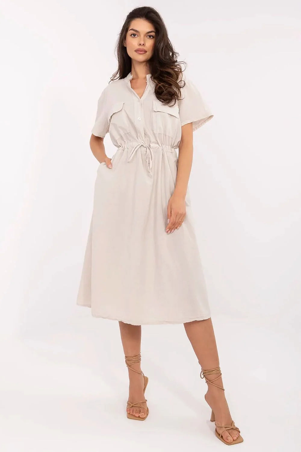 Robe de jour Italy Moda élégante coupe évasée mi-mollet col Mao manches courtes poches décoratives coton respirant taille ajustable beige crème femme versatile occasion quotidienne