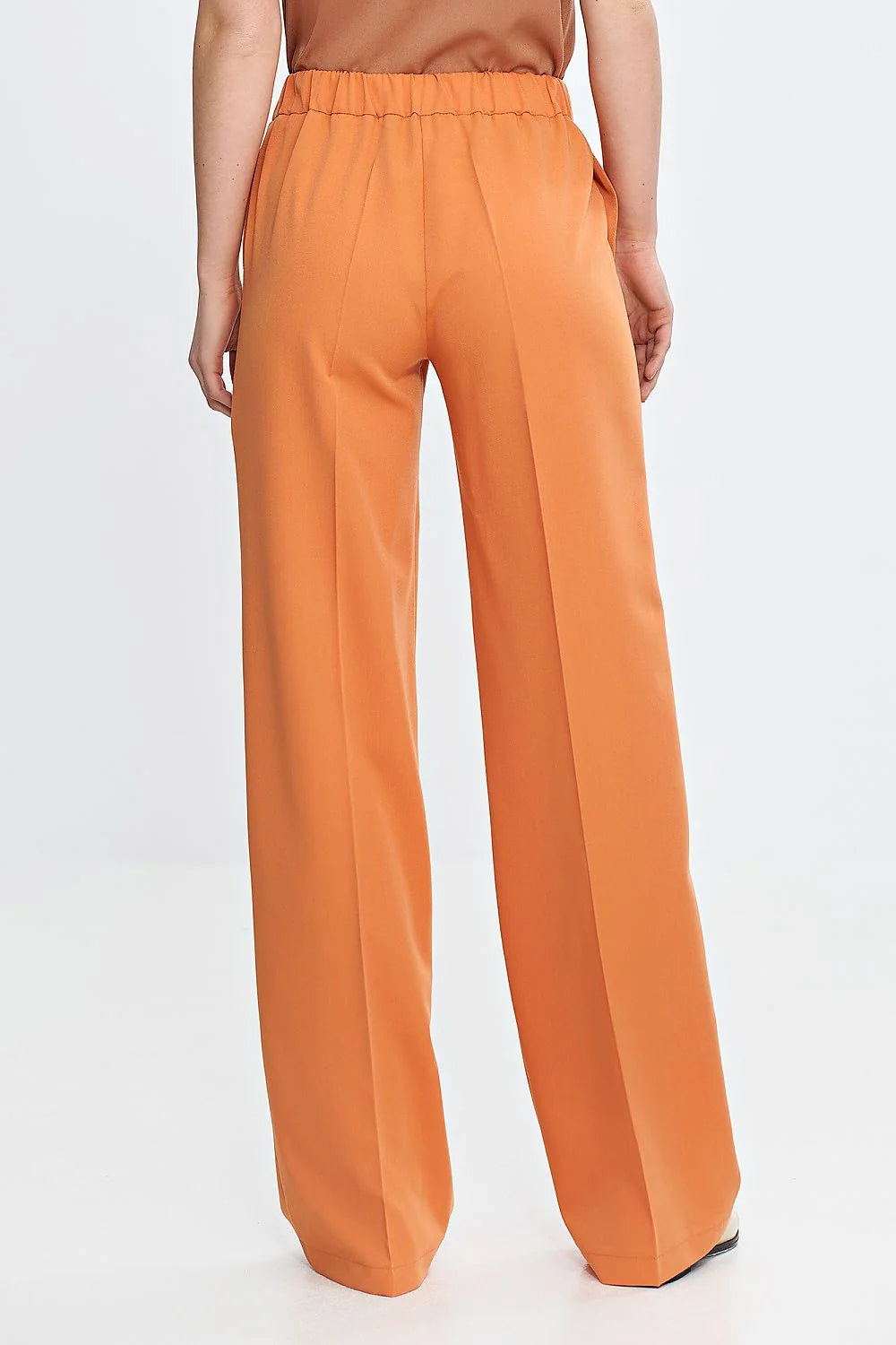 Pantalon moderne élégant large fluide femme taille haute couleur vive orange polyester viscose coupe large ourlet long