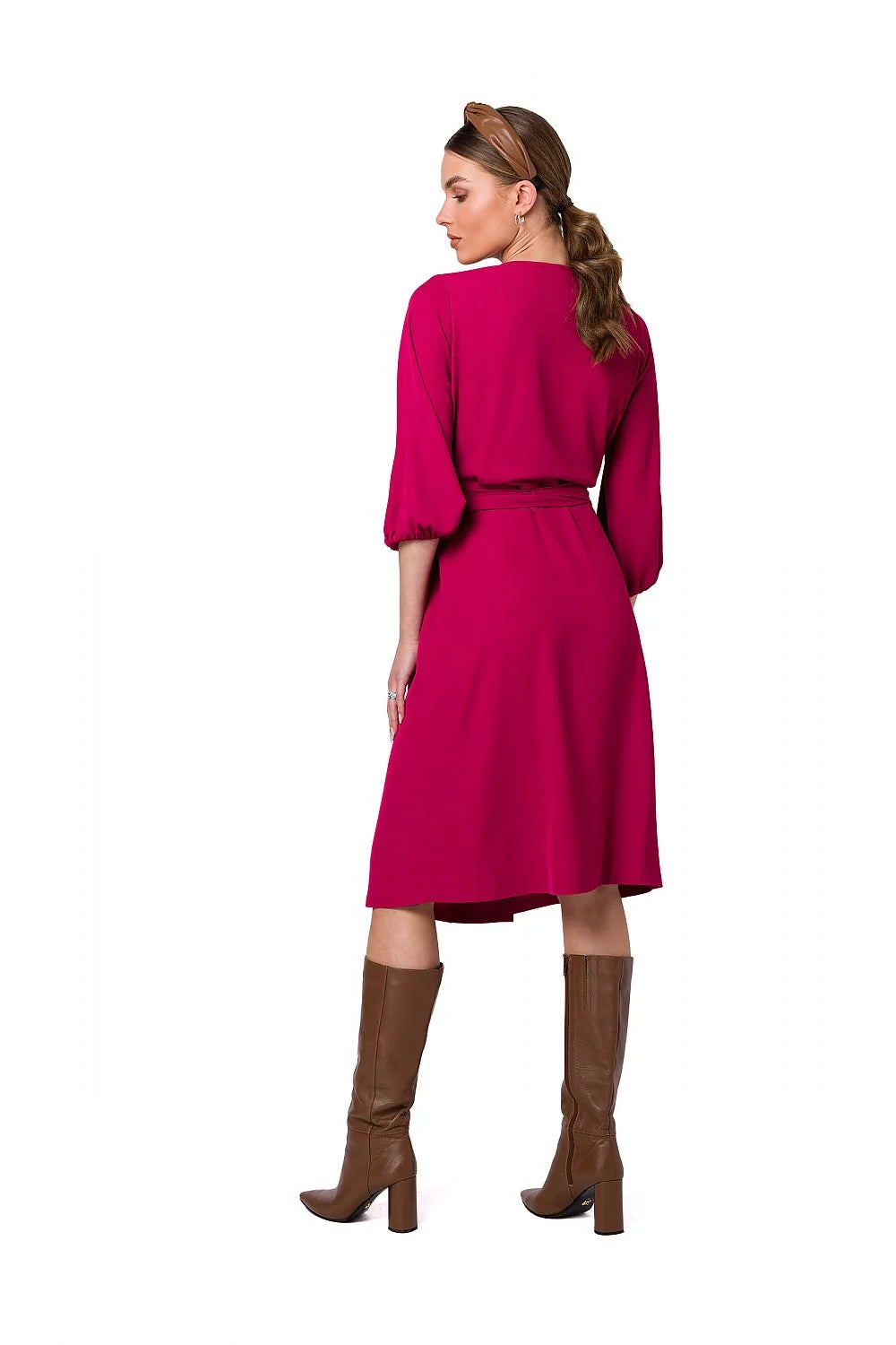 robe portefeuille midi fuchsia décolleté V profond manches troisquarts bouffantes ceinture nouée taille marquée tissu fluide élasthanne polyester élégante polyvalente