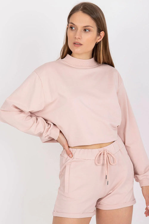 Ensemble coton stretch crop top col montant manches longues shorts taille élastique rosé pâle femelle moderne décontracté été