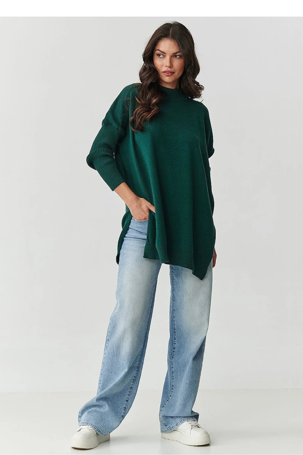 pull oversize femme viscose douceur col roulé tunique longue sapin manches longues épaules tombantes fentes latérales bords côtes ourlet cosy