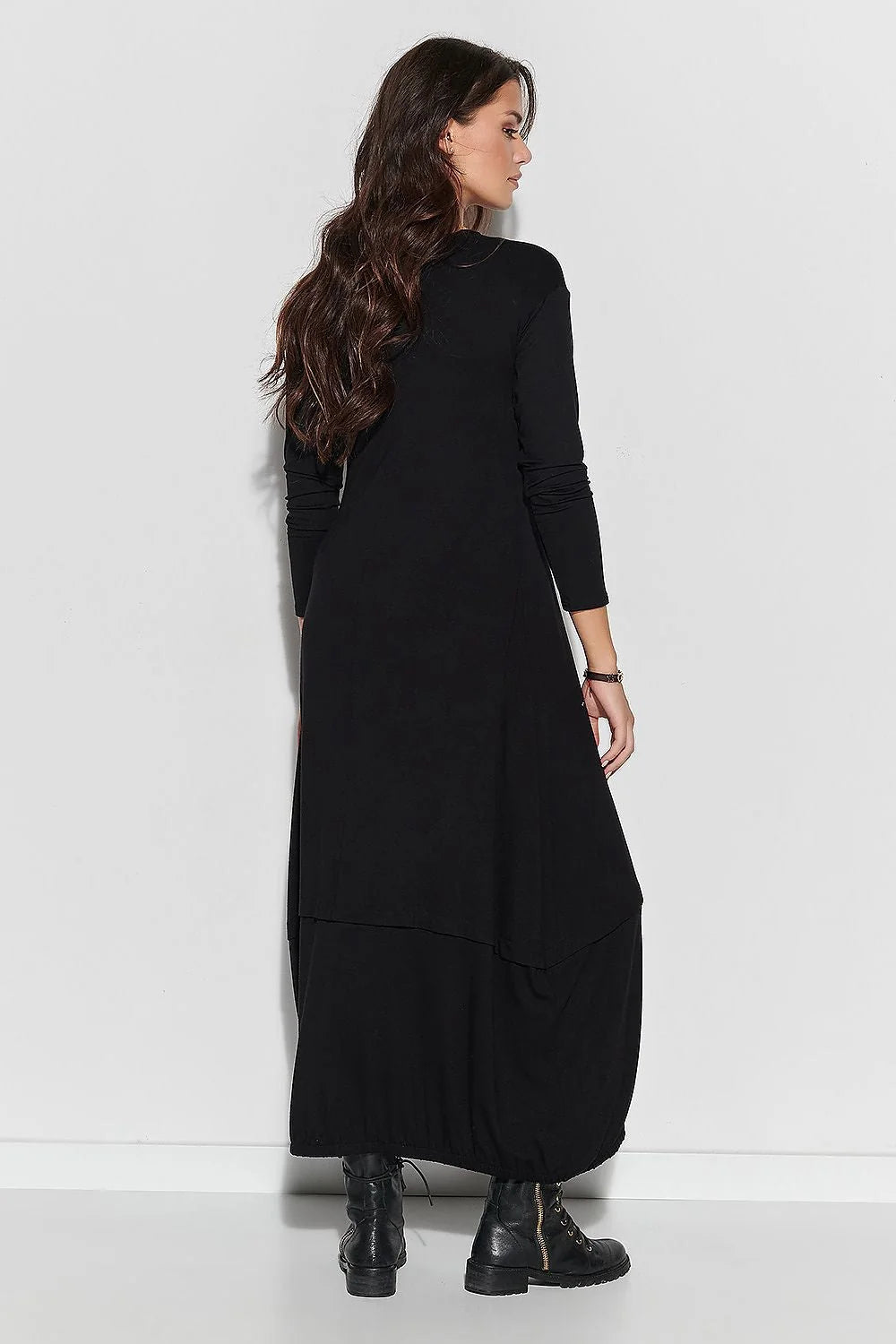 Robe longue ample en viscose noire élégante confortable manches longues ourlet asymétrique style décontracté femme