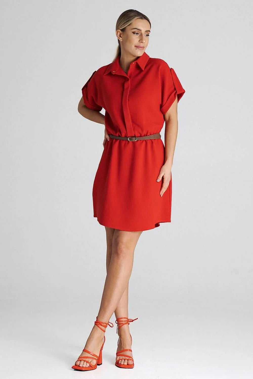 Robe de jour élégante pour femme couleur rouge vif ceinture ajustable col chemise manches courtes