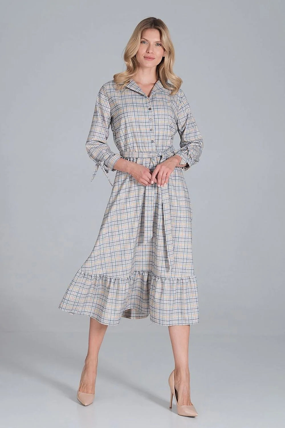 Robe élégante en polyester bleu ciel, style décontracté chic, manches longues, ceinture pour femme