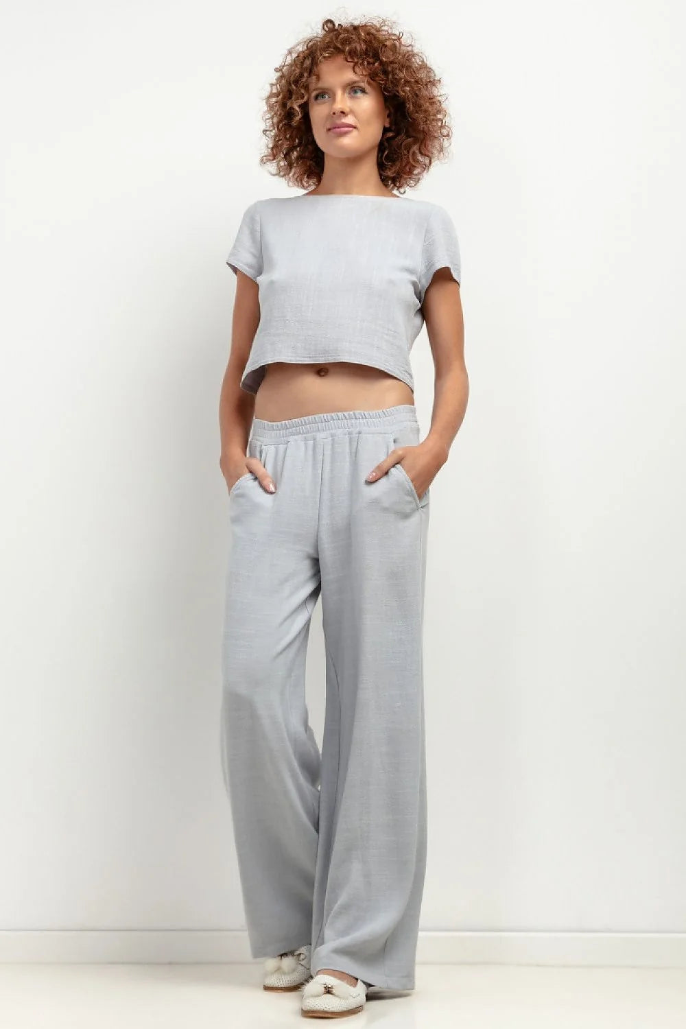 Pantalon femme en lin T404 large coupe droite gris clair respirant élastique taille haute confort
