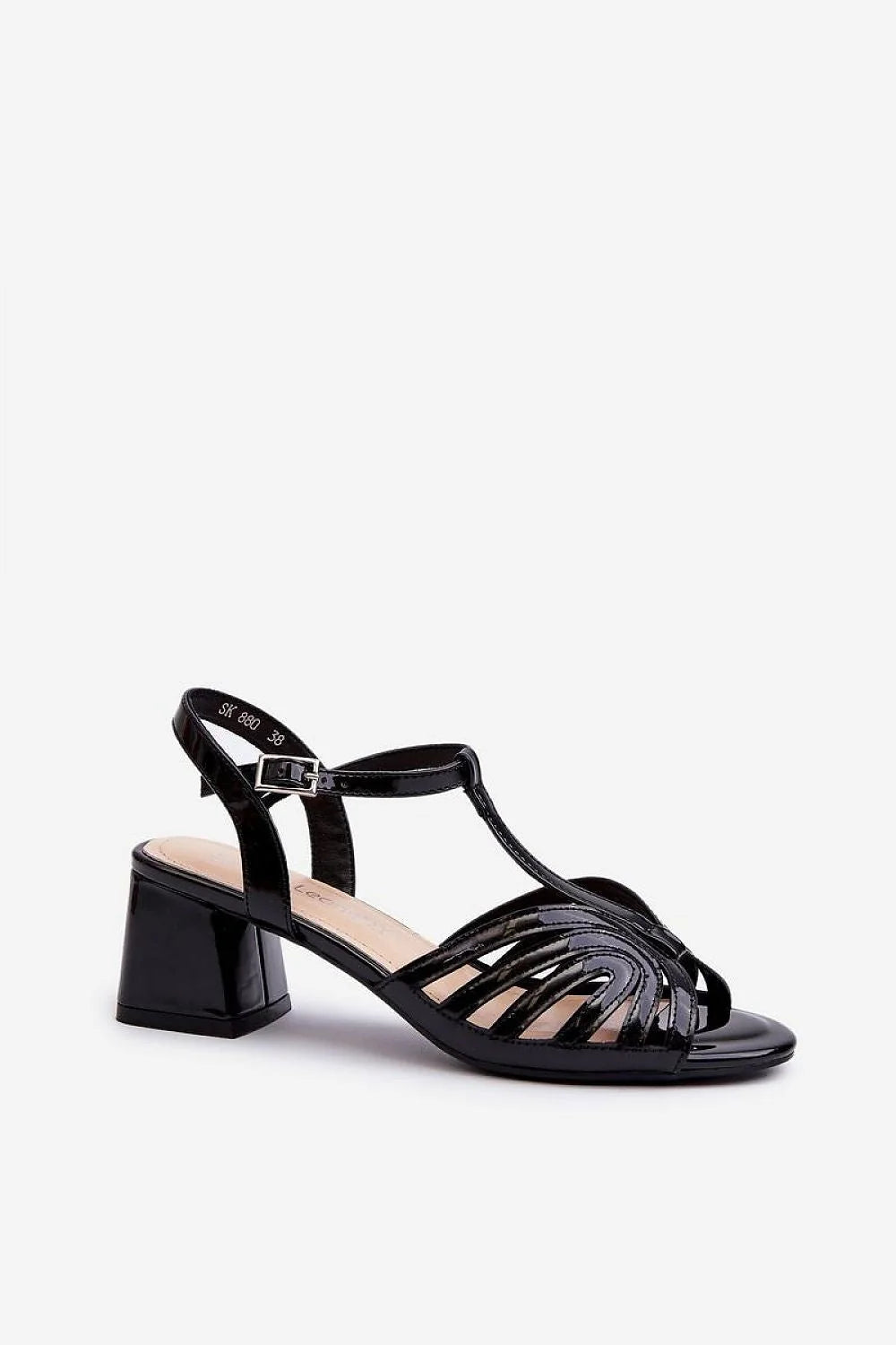 Sandales à talons carrés pour femmes en cuir verni noir design moderne ouvert T-strap ajustable 5.5 cm confortable