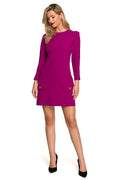 Robe de jour élégante en fuchsia vif, coupe droite, manches longues, poches boutons dorés, polyester 95% femme