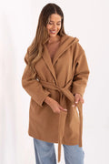 manteau femme pardessus mi long camel ceinturé capuche laineux oversize droite manches longues bouton unique ceinture nouée poches