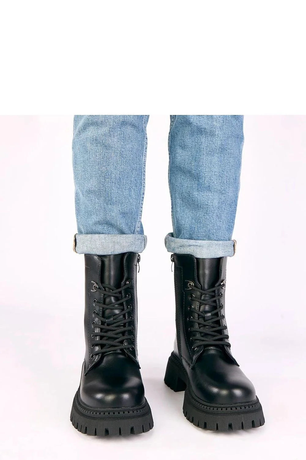 bottines montantes femme cuir écologique noir lisse bout rond semelle plateforme 5cm talon bloc crantée lacets zip intérieur rembourrage doux