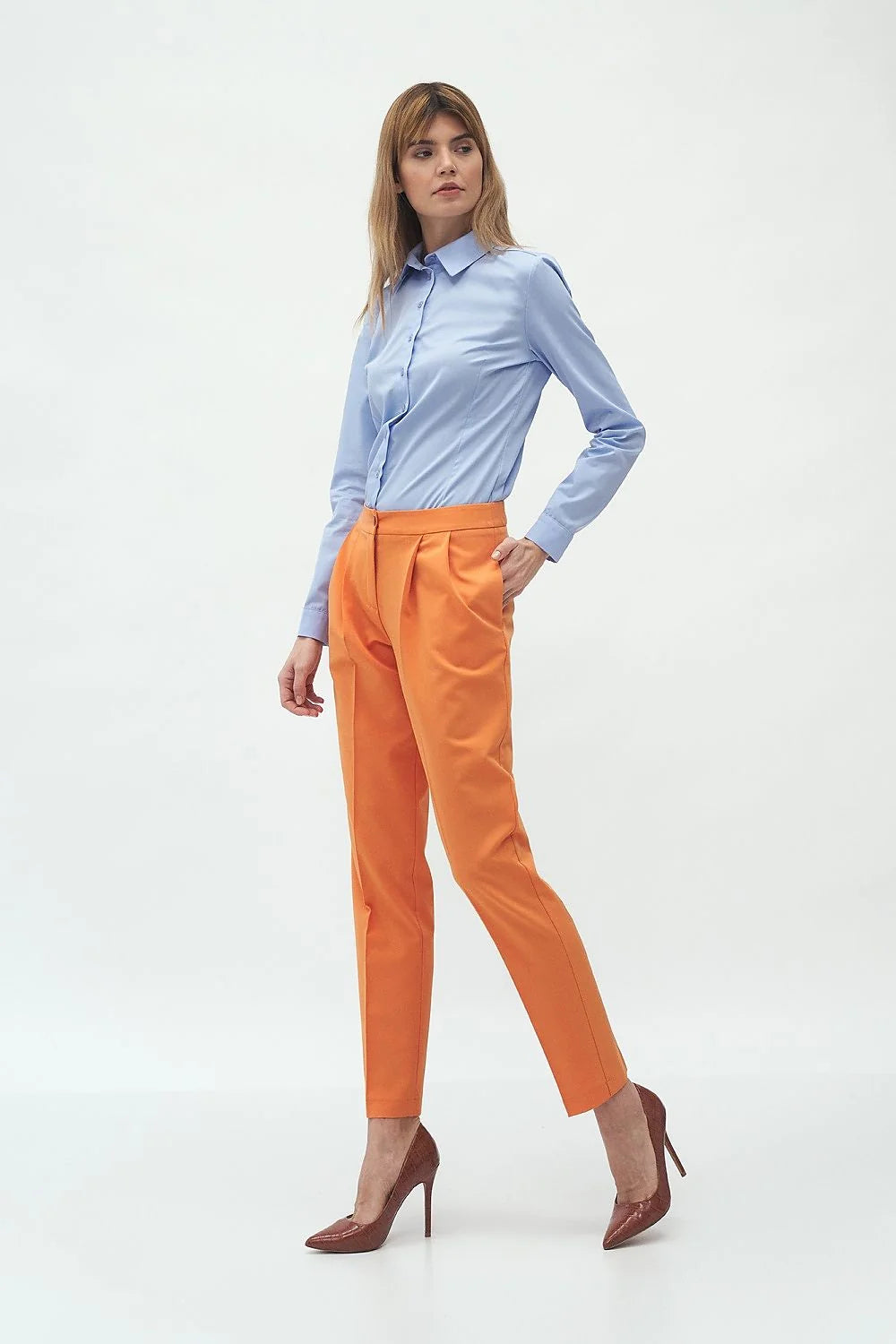 Pantalon femme en coton polyester orange taille haute chic moderne pour bureau et sorties