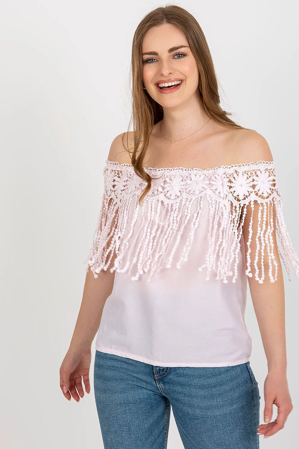 Chemisier d'été à épaules nues en dentelle rose pâle, coton polyester, style bohème romantique, tailles S/M/M/L