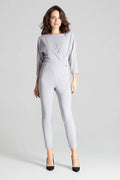 combinaison femme élégante grise polyester élasthanne manches troisquarts col bateau cintrée taille haute jambes cigarette cheville extensible structuré
