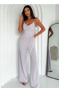 Combinaison féminine élégante sans manches taille cintrée couleur mauve clair polyester élasthanne sans coutures apparentes femmes vêtements mode occasion semi-formelle soirée