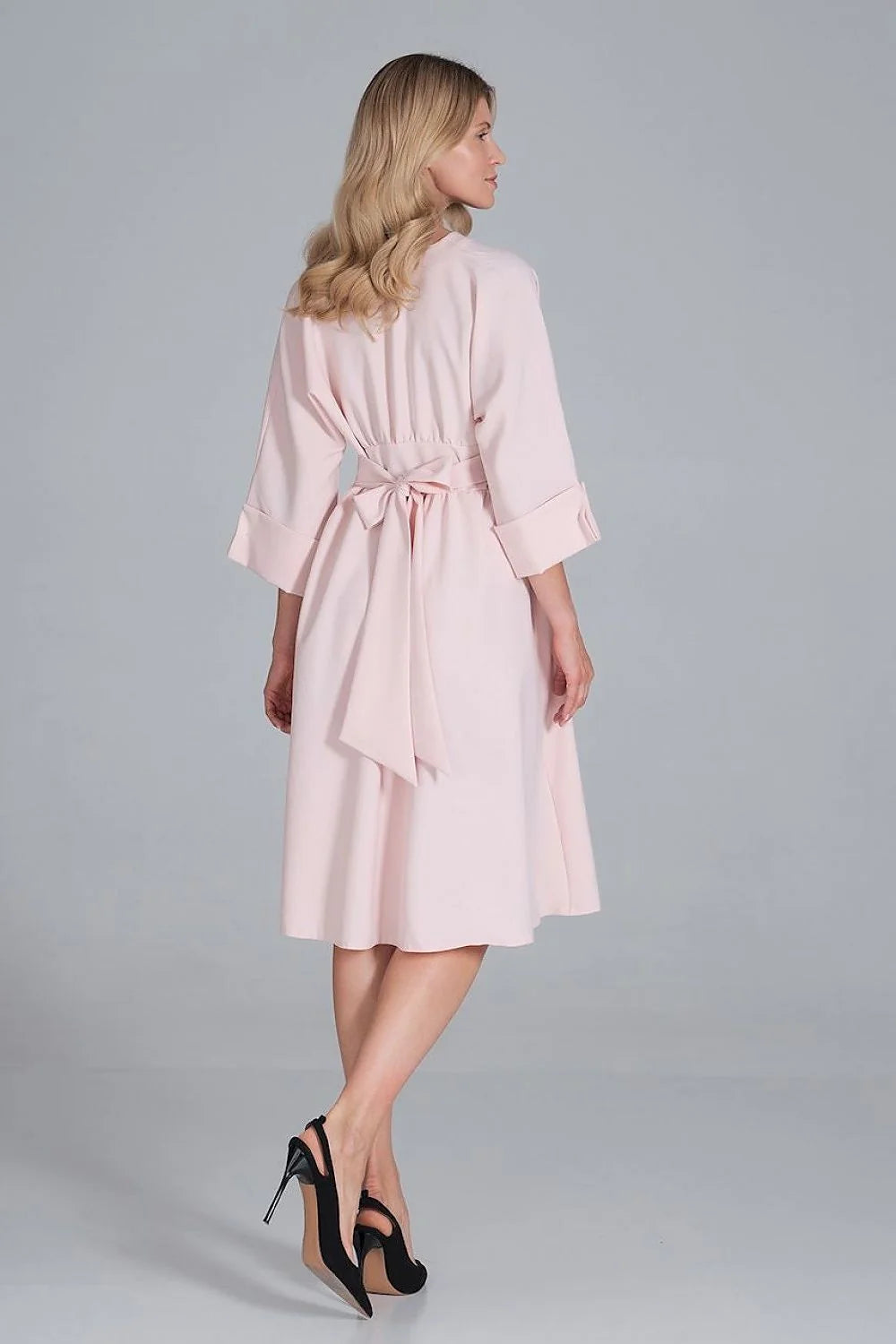 Robe midi polyester élégante rose vive manches trois-quarts boutons col V femme mode chic