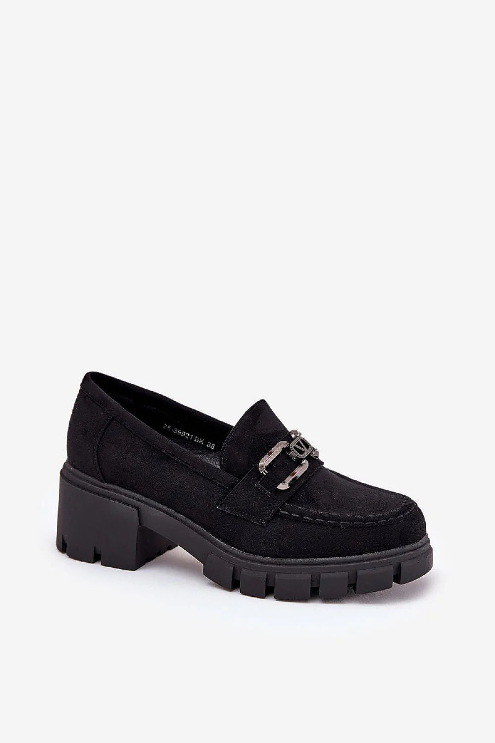 Mocassins femme design moderne élégant talon bloc cuir suédé noir profond semelle épaisse ornement métallique confortable ajustement parfait occasion professionnelle décontractée