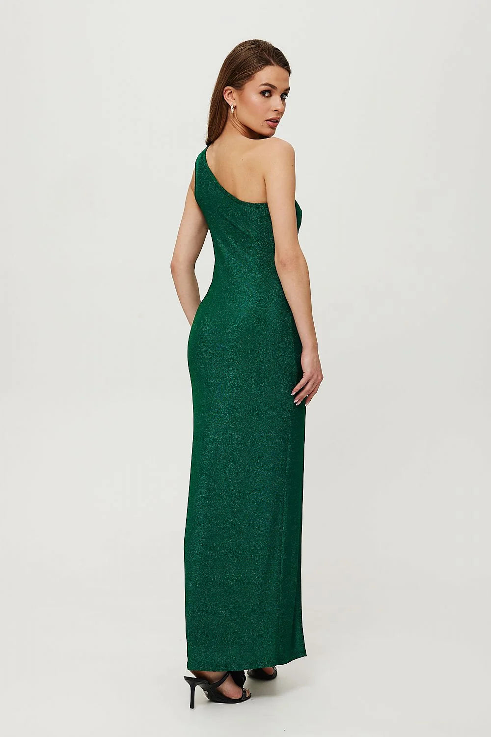 Robe de soirée asymétrique longue épaule nue une bretelle fente haute vert émeraude femme élégance occasion spéciale