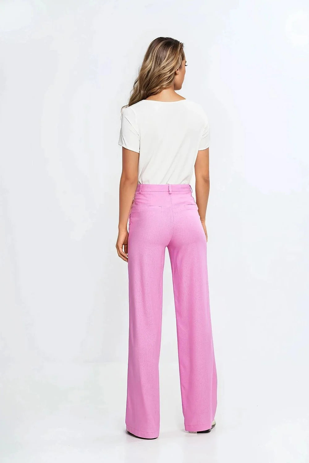 T-shirt classique col rond manches courtes blanc pur coton fluide femme, Pantalon droit moderne couleur rose vif coupe droite tissu doux femme