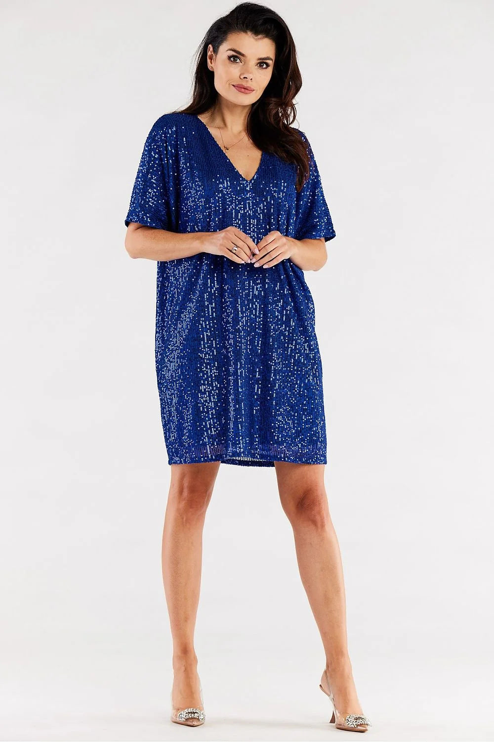 Robe de soirée élégante pour femme en sequins rouges, coupe ample, col en V, manches courtes, longueur au-dessus des genoux