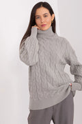 Pull col roulé femme motif torsadé tricot irlandais manches longues finitions côtelées gris clair