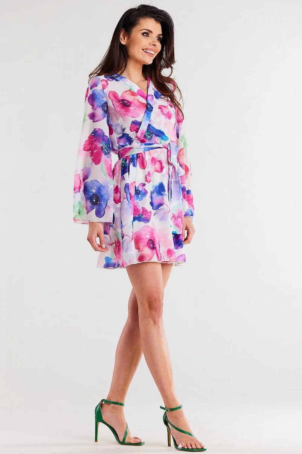 Robe féminine motif floral cache-cœur ceinture polyester manches longues décolleté V croisé ajustable taille femme