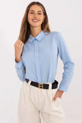 Chemisier Lakerta en coton bleu clair élégant coupe classique manches longues boutonnées chemise col高 waist jupe crème ceinture dorée