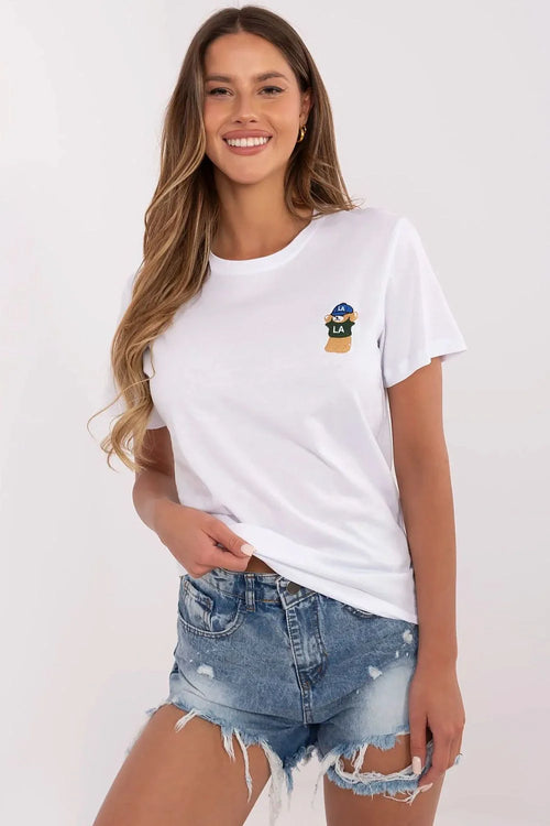 T-shirt casual femme en coton motif ours peluche short jeans délavé manches courtes col rond