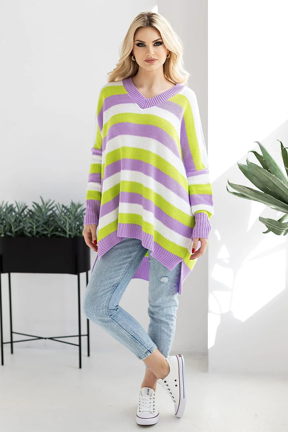Pull femme moderne ample rayures colorées lavande vert citron manches longues col rond côtelé casual été hiver