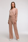 pantalon survêtement BeWear élégant confortable taillehaute élastique coupe large jambe longue plis verticaux tissu doux extensible jersey mélangepolyesterelasthanne blush nude