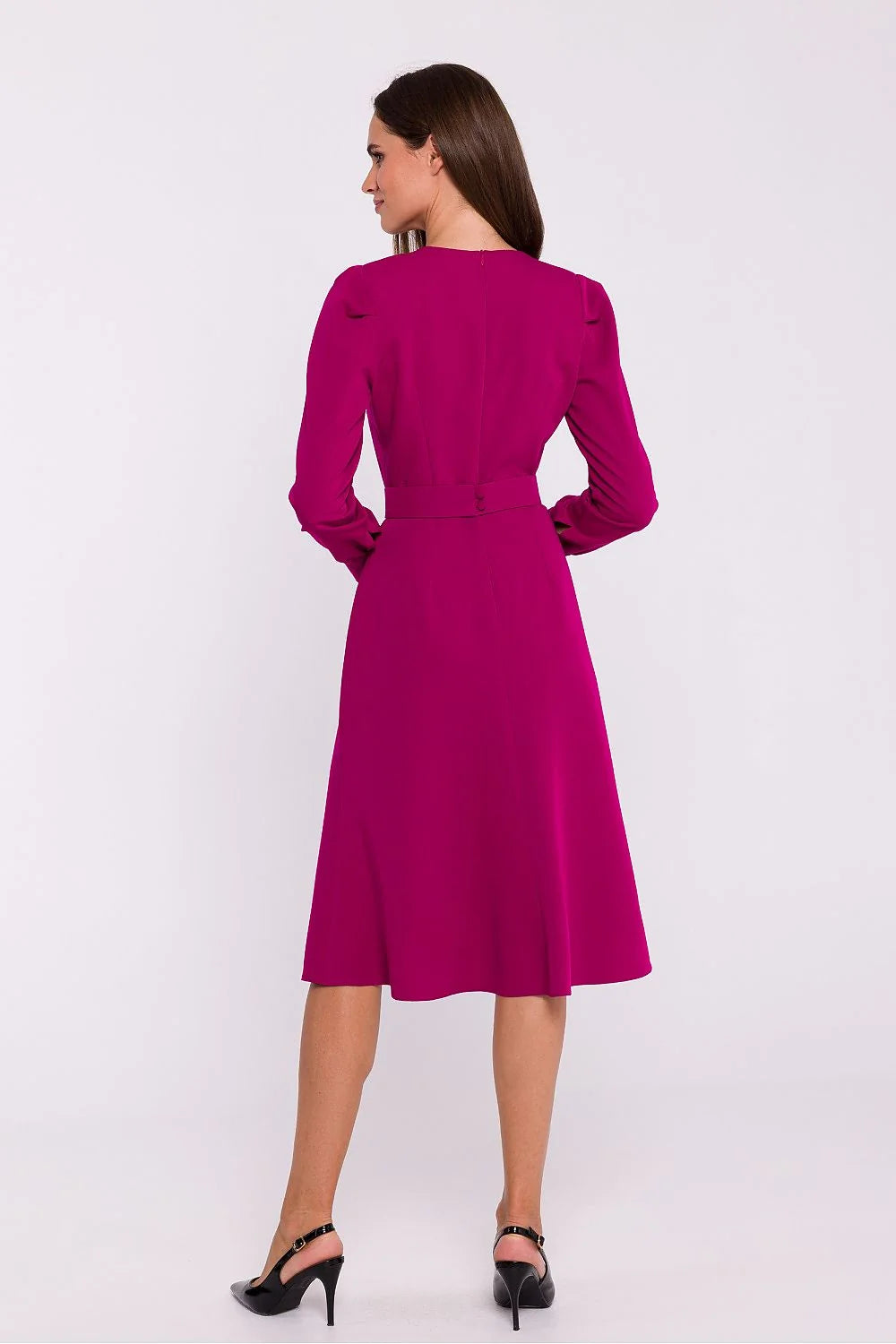 Robe de jour Stylove midi évasée manches longues encolure ronde ceinture intégrée fuchsia polyester mélange matières femmes élégante polyvalente occasionnels