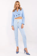 Ensemble femmes veste crop pantalon survêtement Italy Moda style moderne bleu clair coupe fuselée taille ajustable