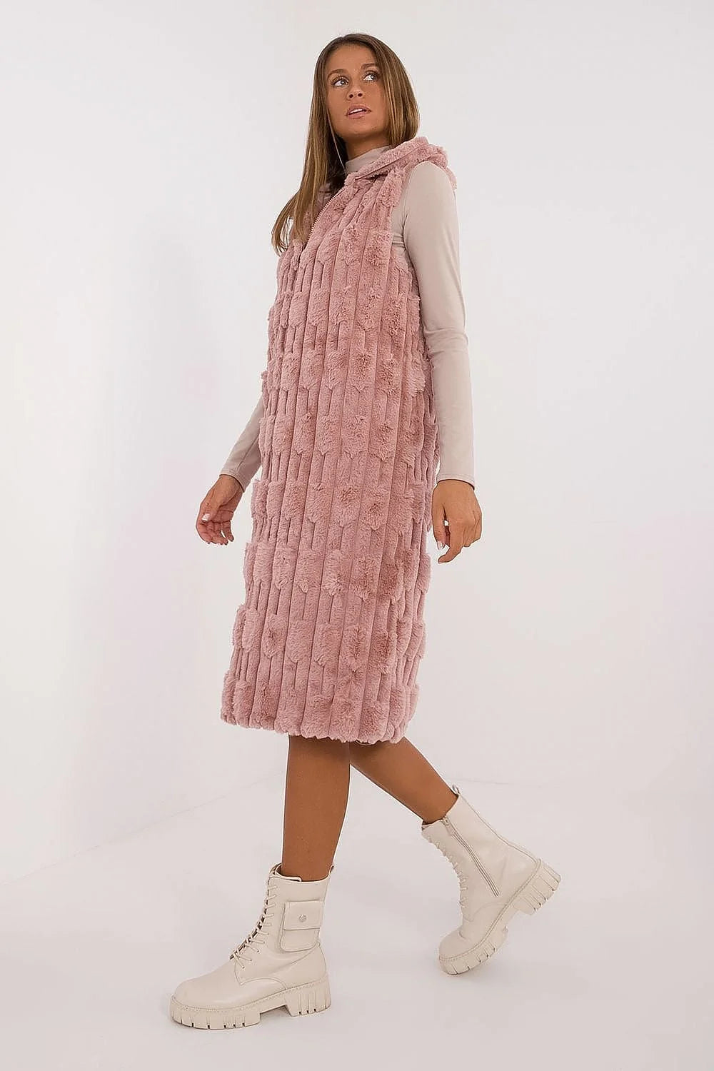 Gilet pour femme en fausse fourrure rose pâle longue sans manches col capuche style élégant occasion formelle hiver mi-saison