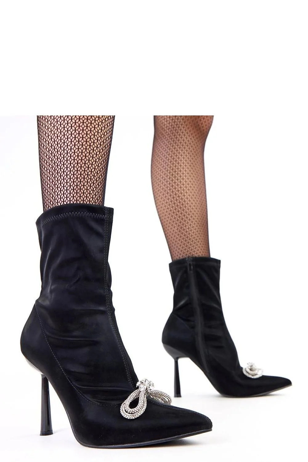 bottines satin velours noir stretch cheville talon aiguille bout pointu nœud zircone bijou semelle cuir écologique confortable fermeture zippée élégante