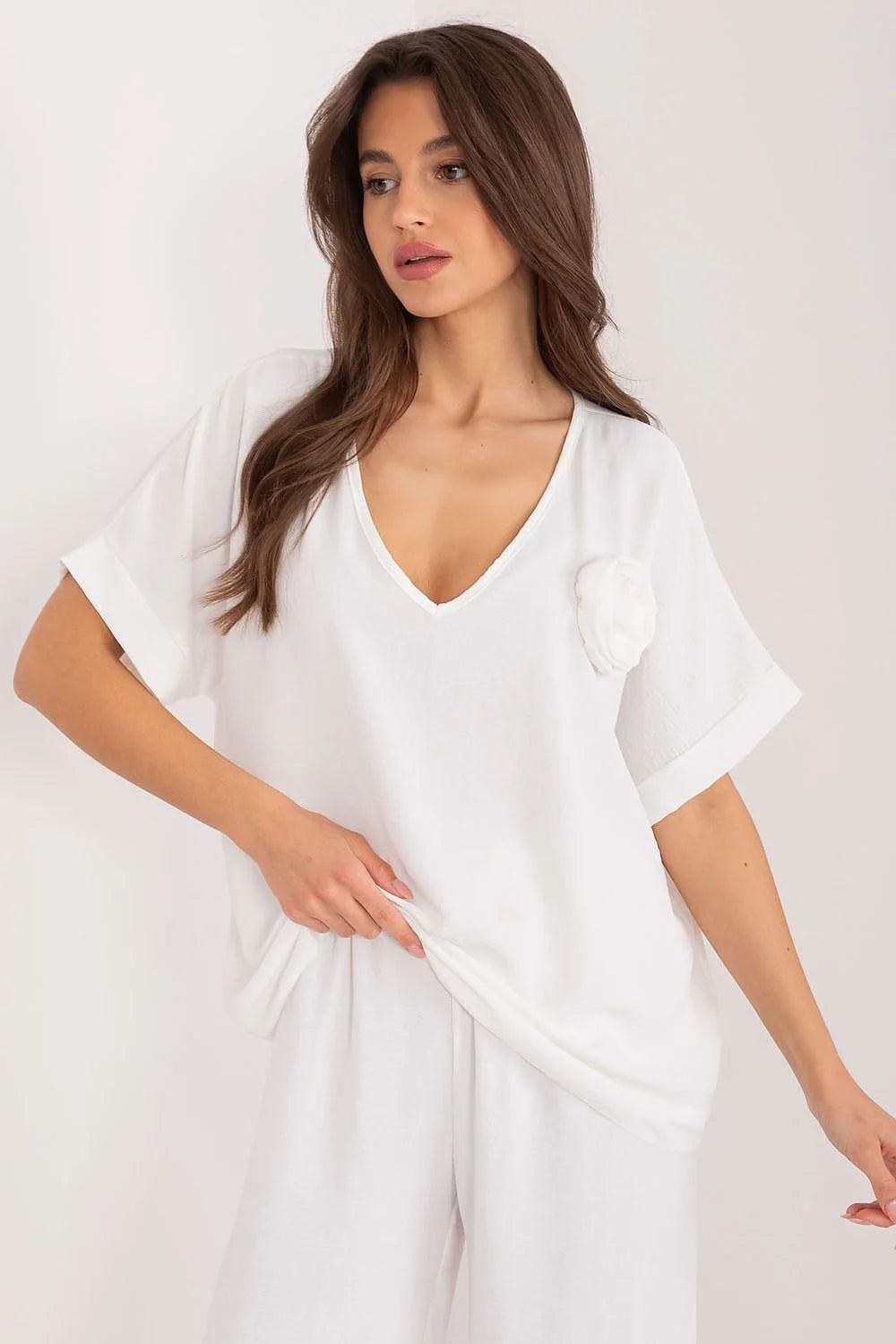 Chemisier Italy Moda Femme Polyester Haute Qualité Oversize Encolure V Manches Courtes Décontracté Travail Social Journée