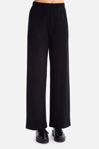 pantalon femme maille côtelée noire taille haute ceinture élastiquée jambes larges droites longueur pleine coupe décontractée chic confortable élasthanne polonaise
