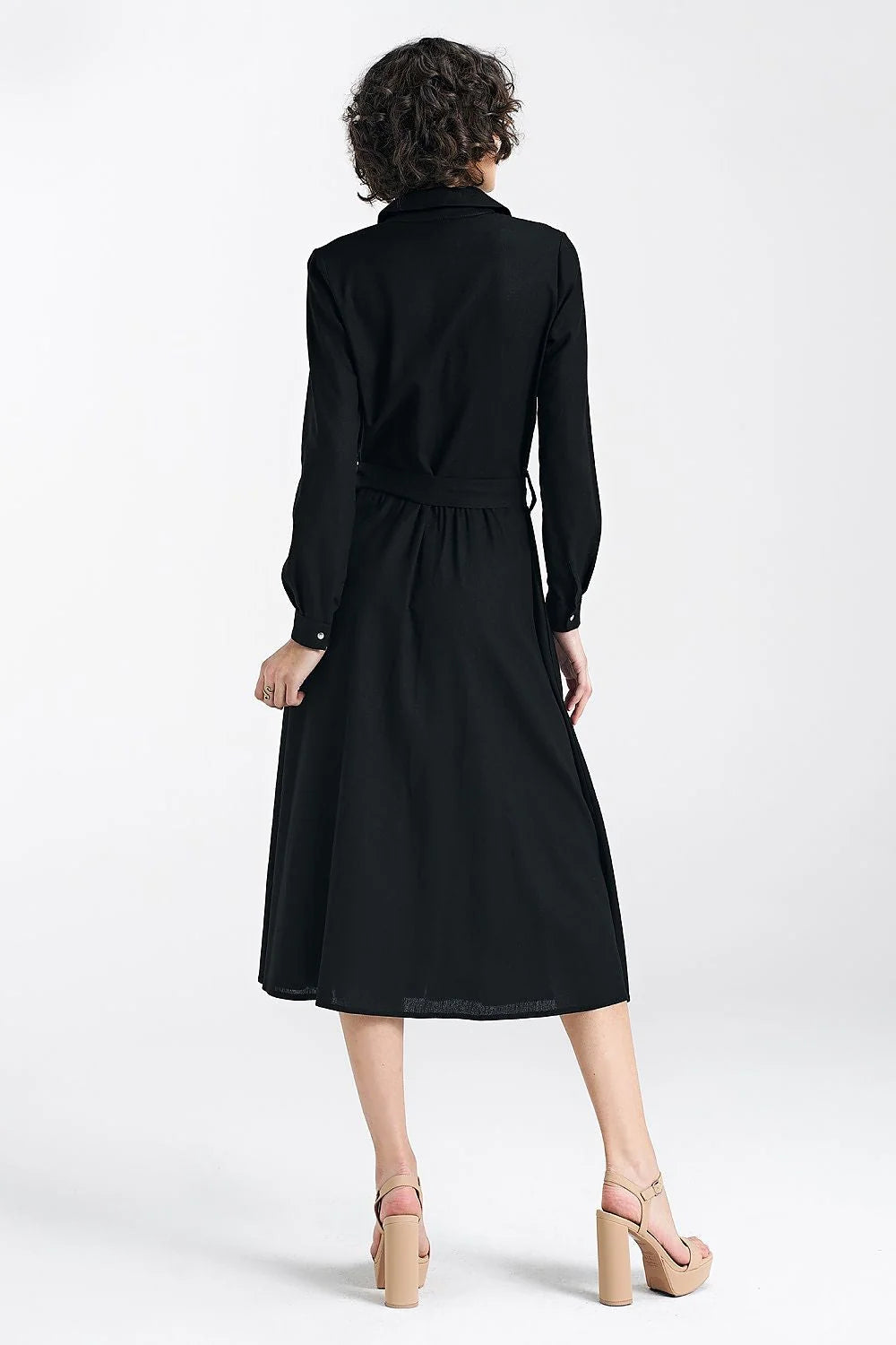 Robe de jour élégante noire style chemise manches longues col classique ceinture ajustable femme viscose lin coton