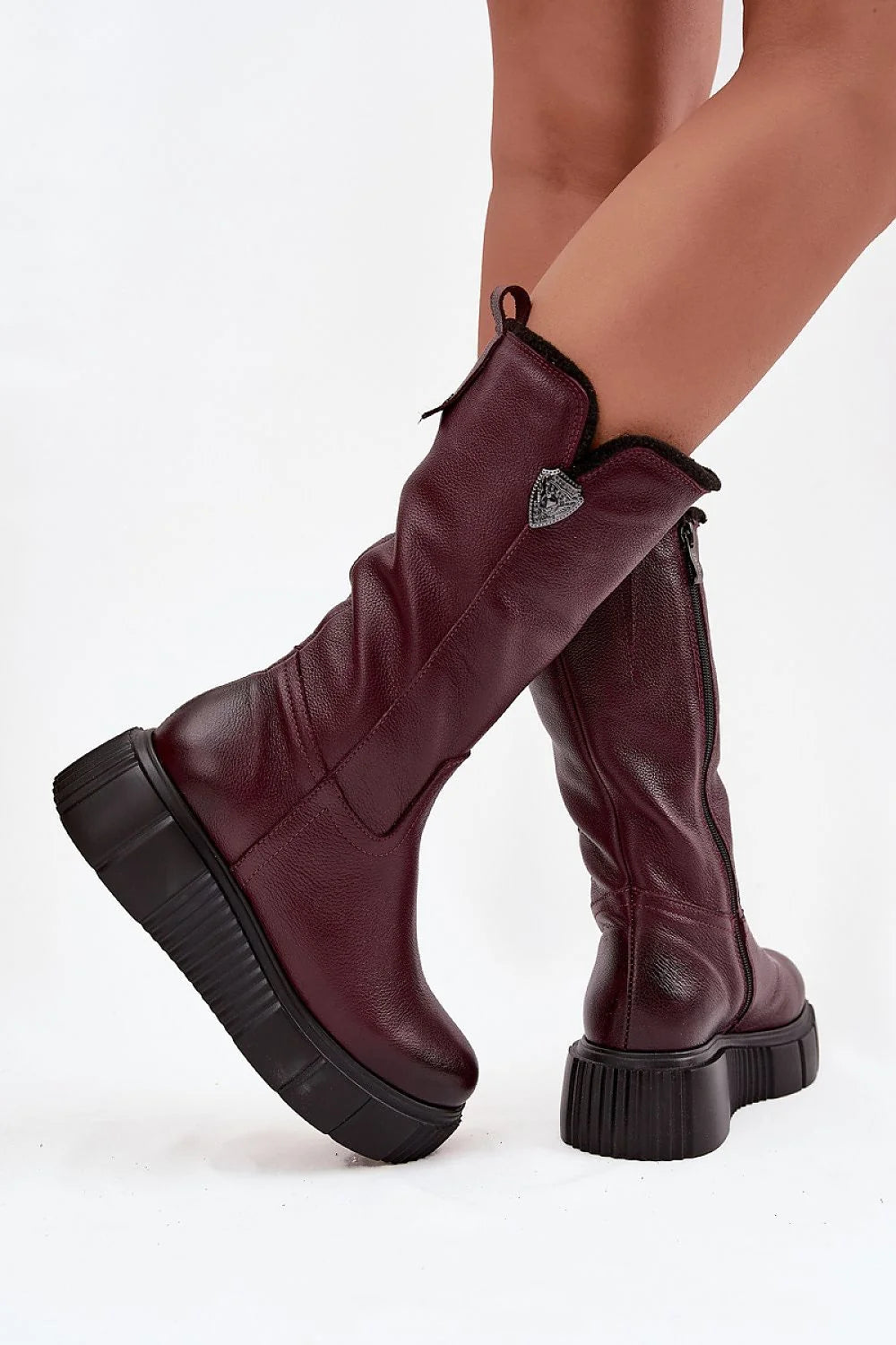 bottes cuissardes cuir naturel bordeaux grainé mi mollet fermeture éclair latérale doublure laine plateforme talon compensé semelle crantée hivernale